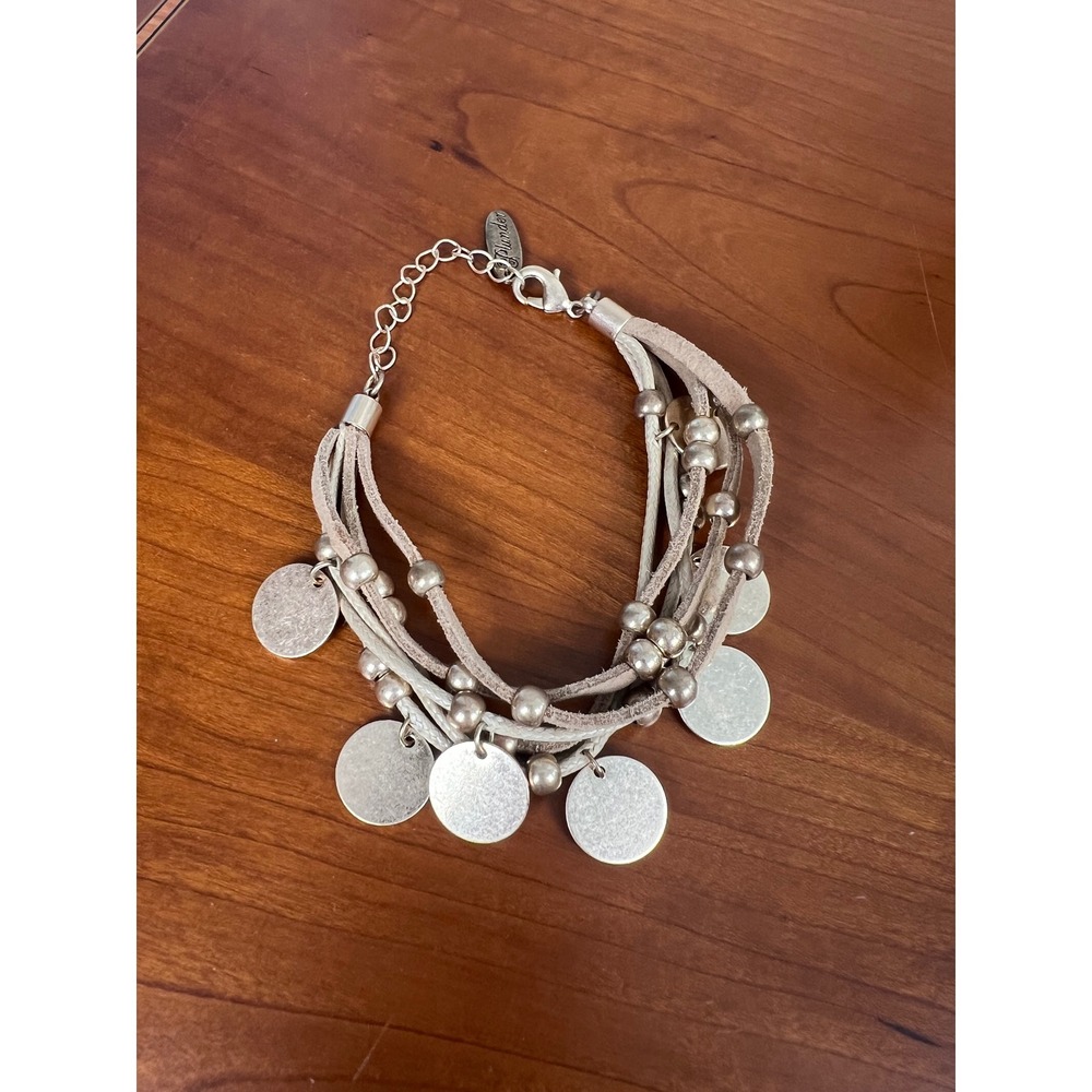 Plunder Design Boho Multi Strand Coin Charm Bracelet Gold Tone Tan Suede Layered